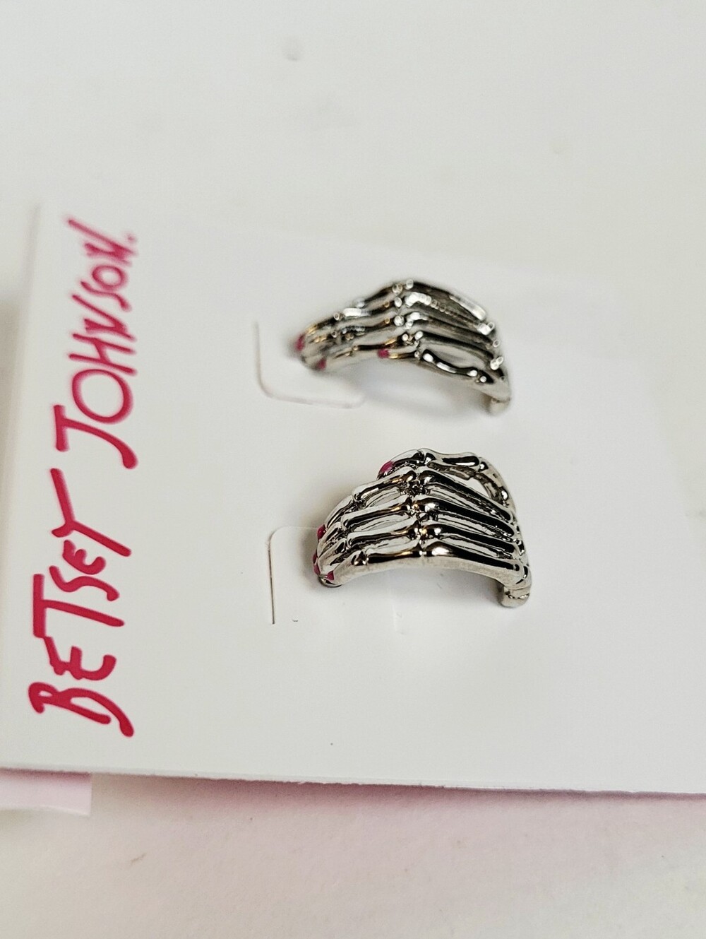 Betsey Johnson Silver Skeleton Hand Huggie Hoop Earrings - Picture 2 of 5